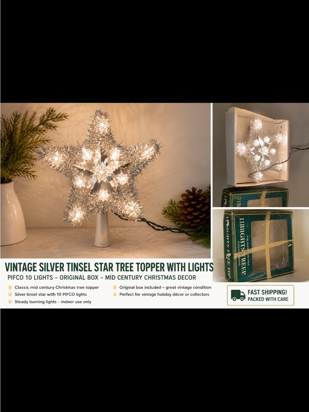 Silver Tinsel Lighted Star Tree Topper